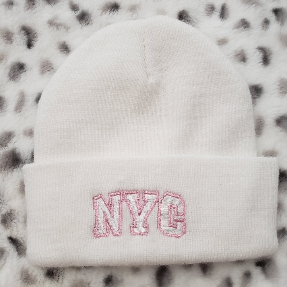 NYC White Beanie with Pink Lettering